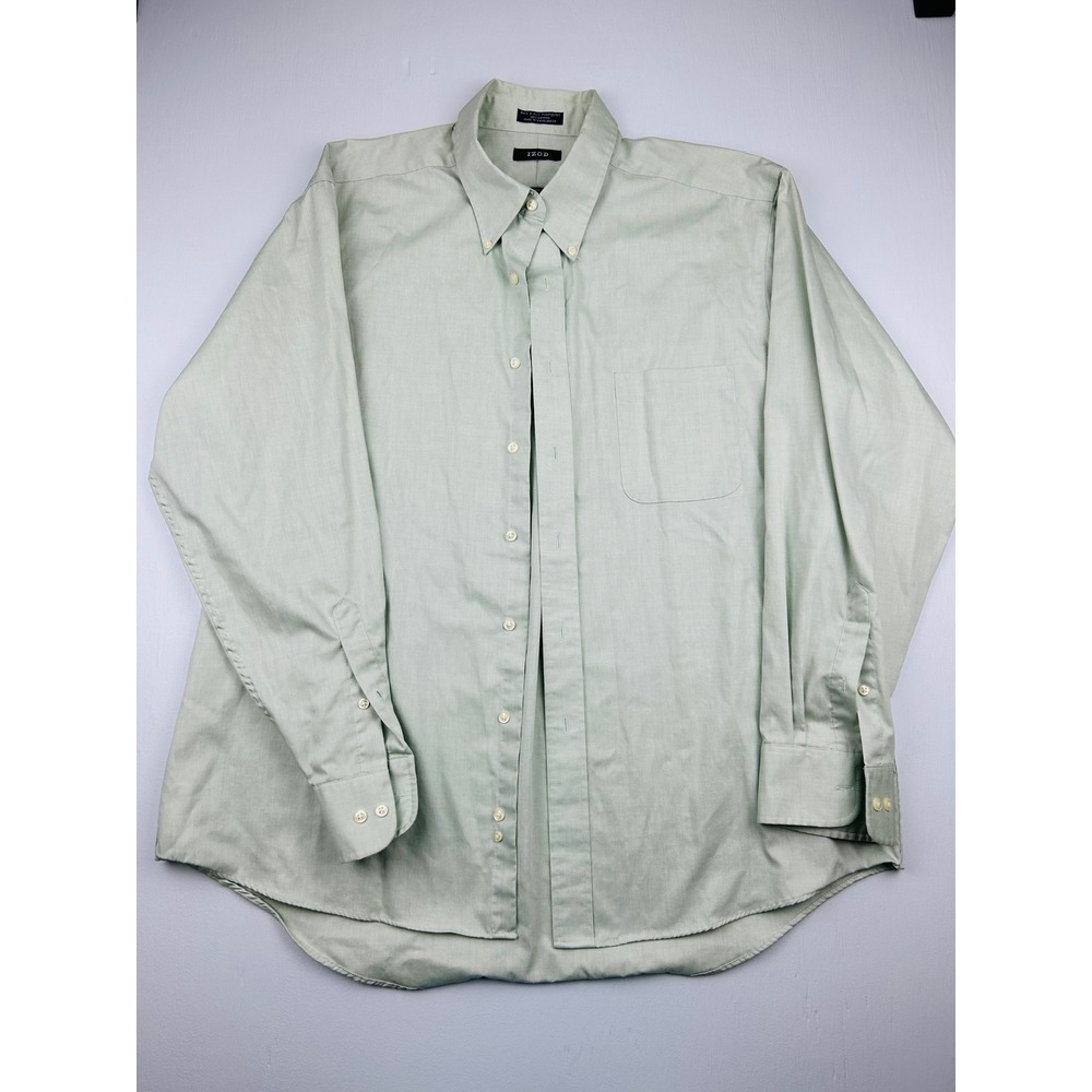 IZOD Mens XL Green Button Down Dress Shirt 80s 2-Ply Pinpoint Cotton Easy Care